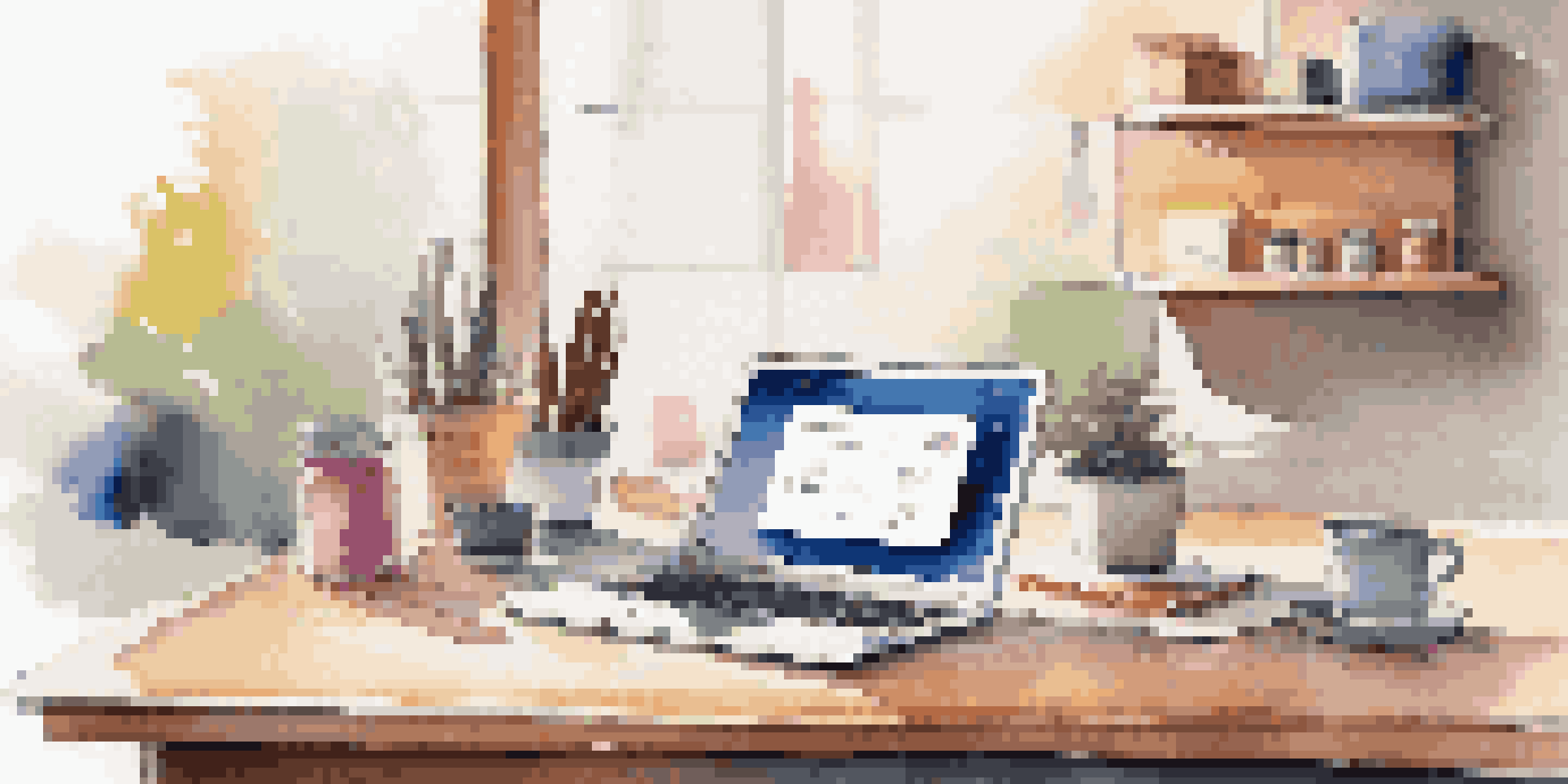 A modern e-commerce workspace with a laptop, product packaging, and a notepad, illuminated by natural light.