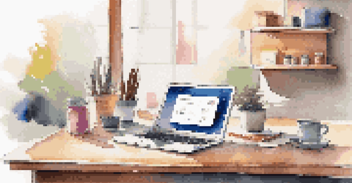 A modern e-commerce workspace with a laptop, product packaging, and a notepad, illuminated by natural light.