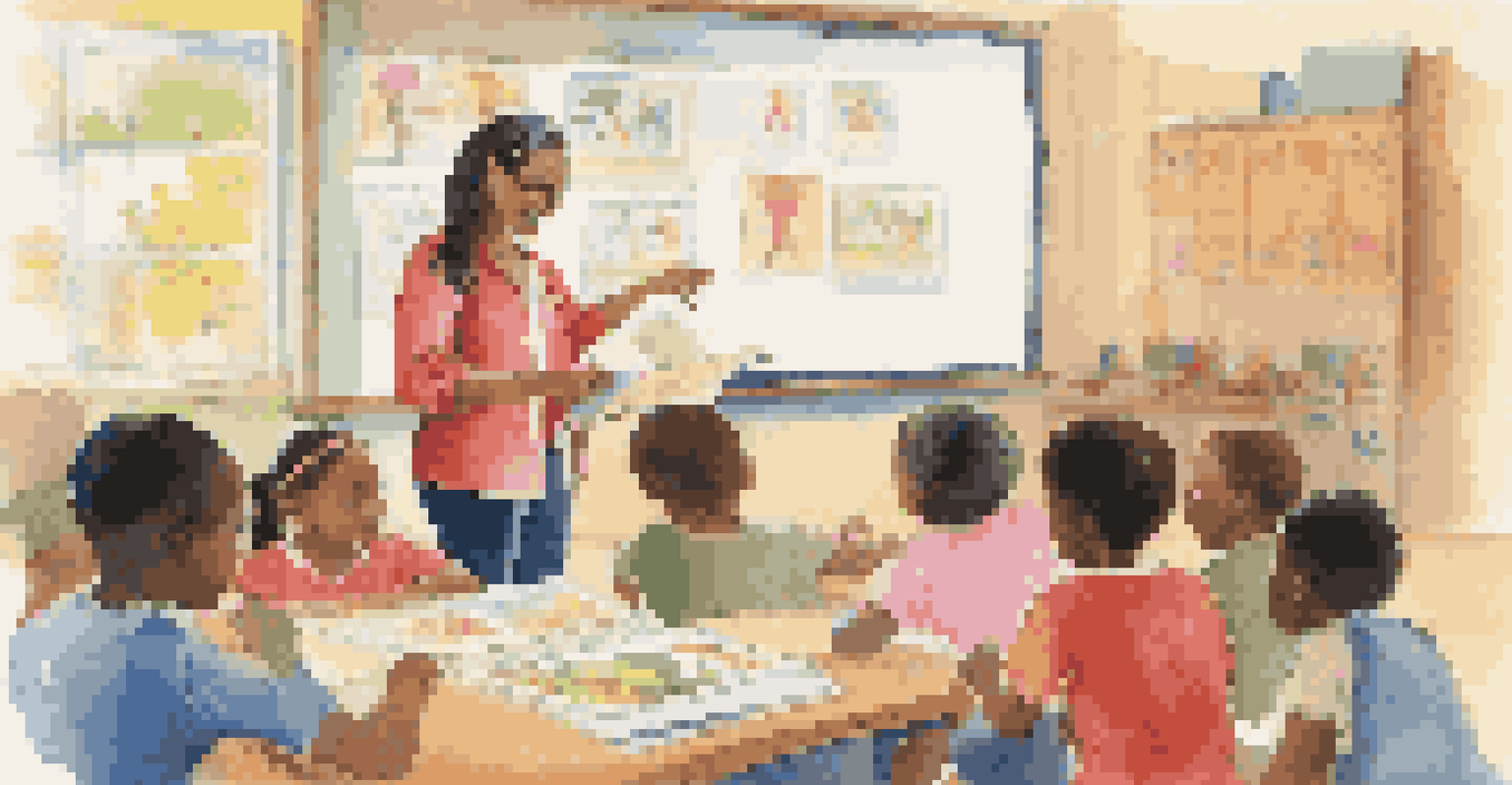 A volunteer enthusiastically teaching children in a colorful classroom, surrounded by educational materials and engaged students.