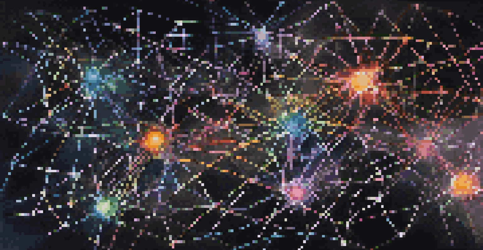 An artistic illustration of a neural network with colorful nodes and lines on a dark background, representing machine learning algorithms.