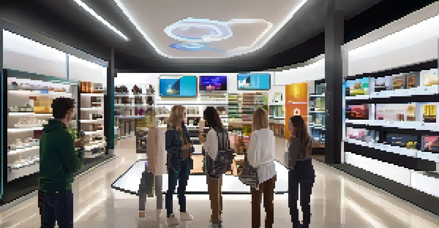 Shoppers in a modern retail store using augmented reality on their smartphones to visualize virtual furniture in their home environment.