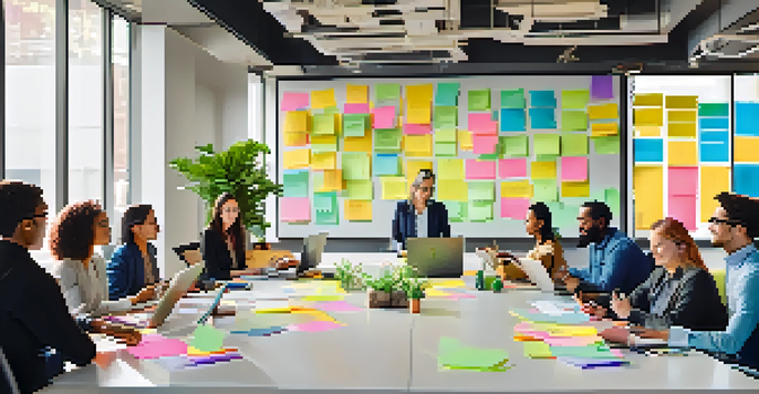 A diverse group of employees sitting around a conference table, discussing ideas with colorful post-it notes and laptops, in a bright and modern office space.