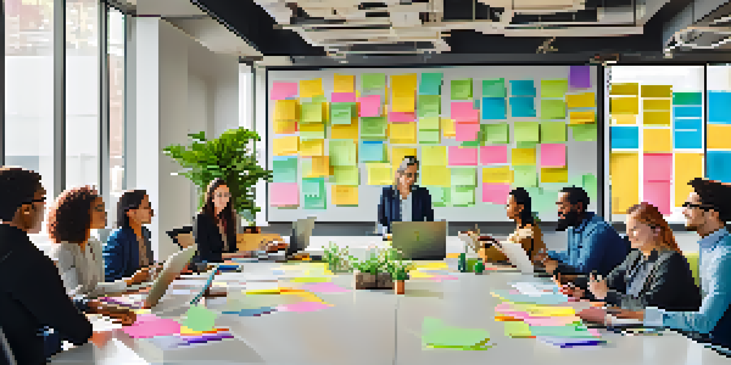A diverse group of employees sitting around a conference table, discussing ideas with colorful post-it notes and laptops, in a bright and modern office space.