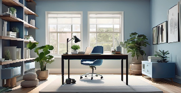 A bright and organized home office with a laptop, desk, and plants, showcasing a comfortable working environment.