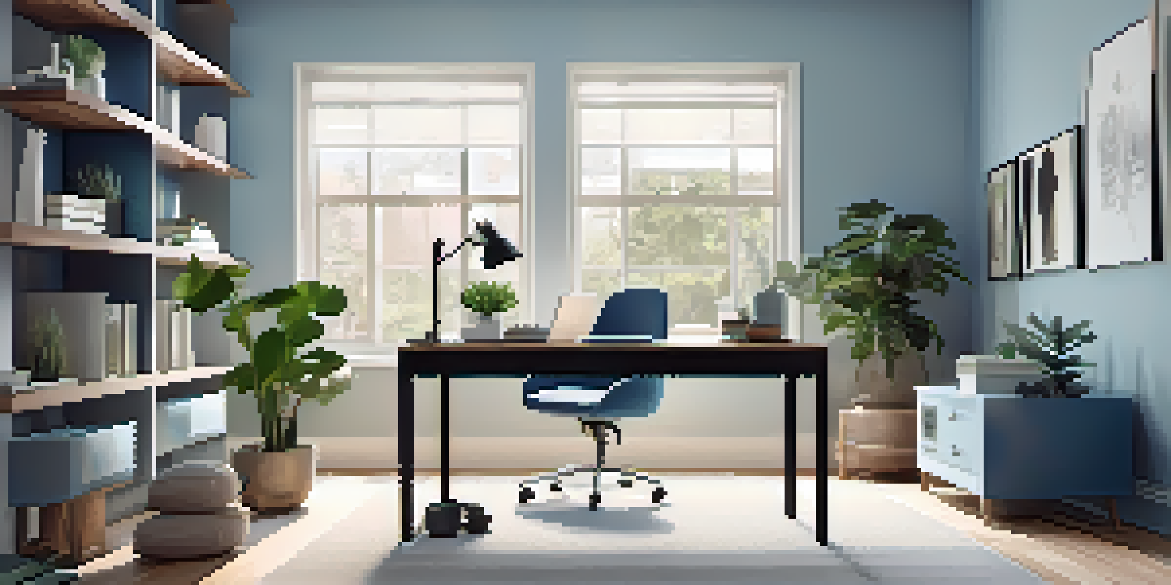 A bright and organized home office with a laptop, desk, and plants, showcasing a comfortable working environment.