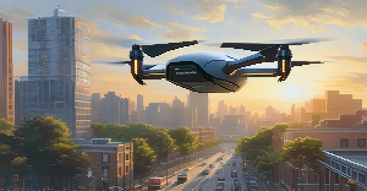 A delivery drone flying over a modern cityscape at sunset, showcasing the integration of technology in urban living.