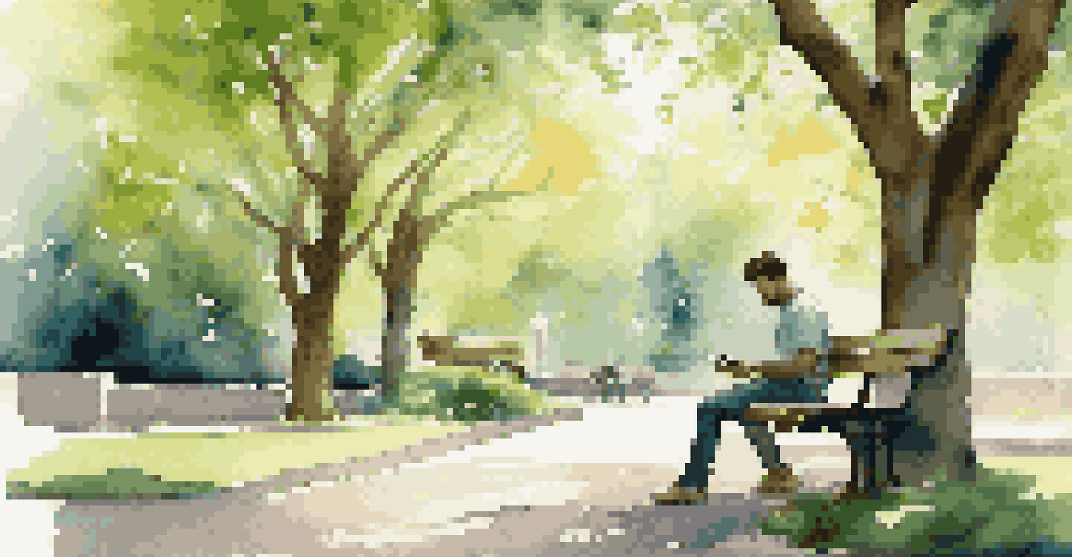 A person sitting on a park bench using their smartphone to create social media content, surrounded by lush greenery and soft sunlight.