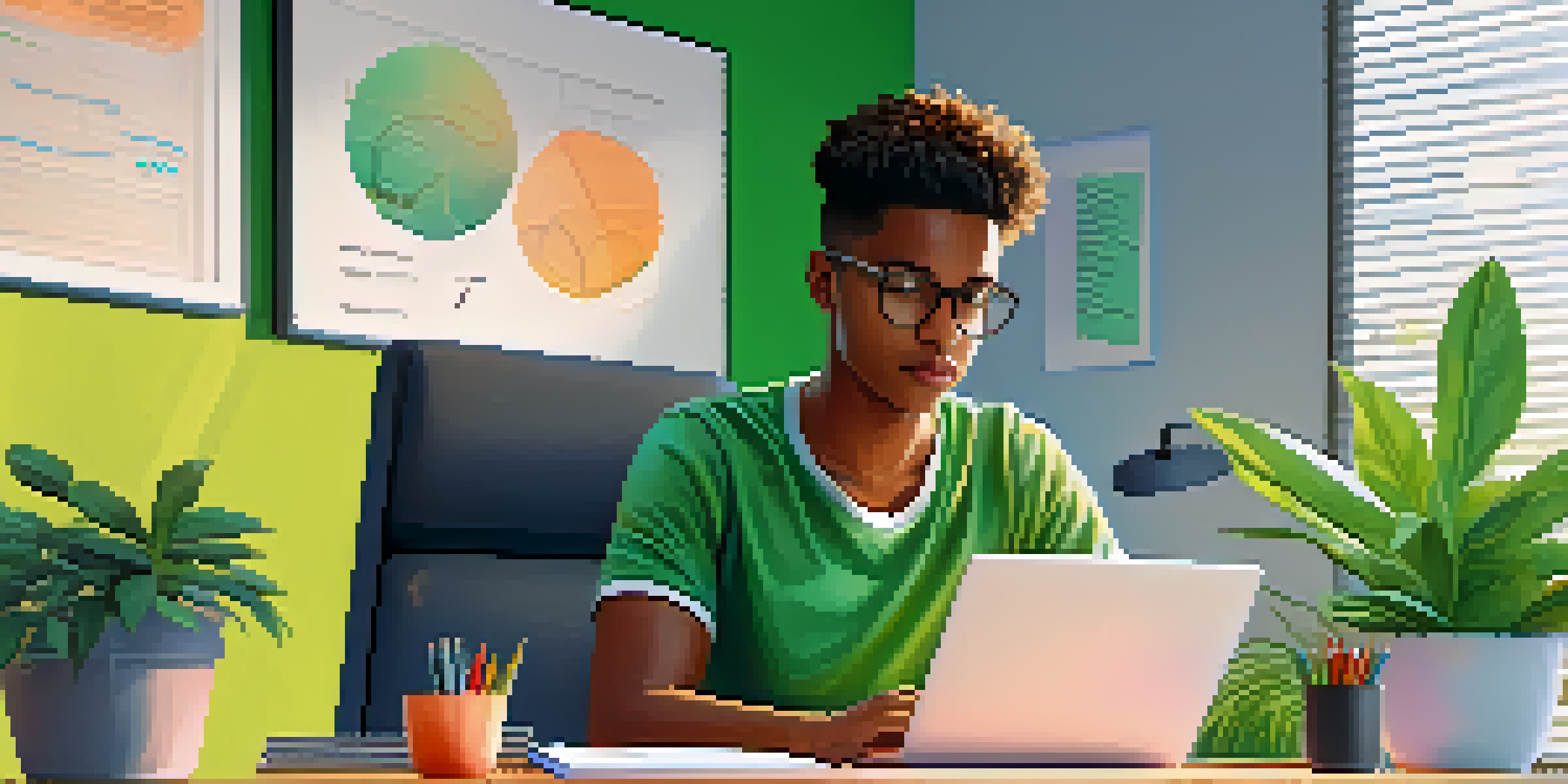 A young intern at a desk, taking notes during a virtual meeting with a laptop and colorful stationery around.