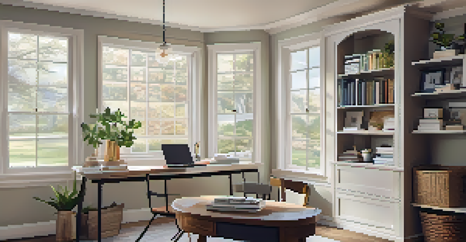 A cozy home office with a laptop and personal decor, bathed in natural light.