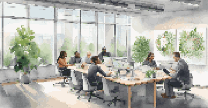 A bright and modern office with employees of different backgrounds collaborating at a conference table, surrounded by plants and motivational quotes on the walls.
