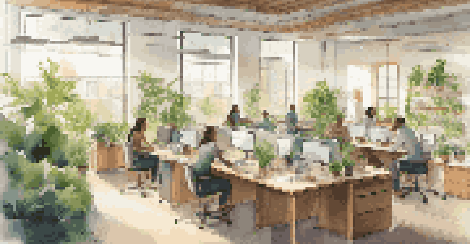 An eco-friendly office with plants and natural wood, showcasing employees from diverse backgrounds working together in a bright environment.