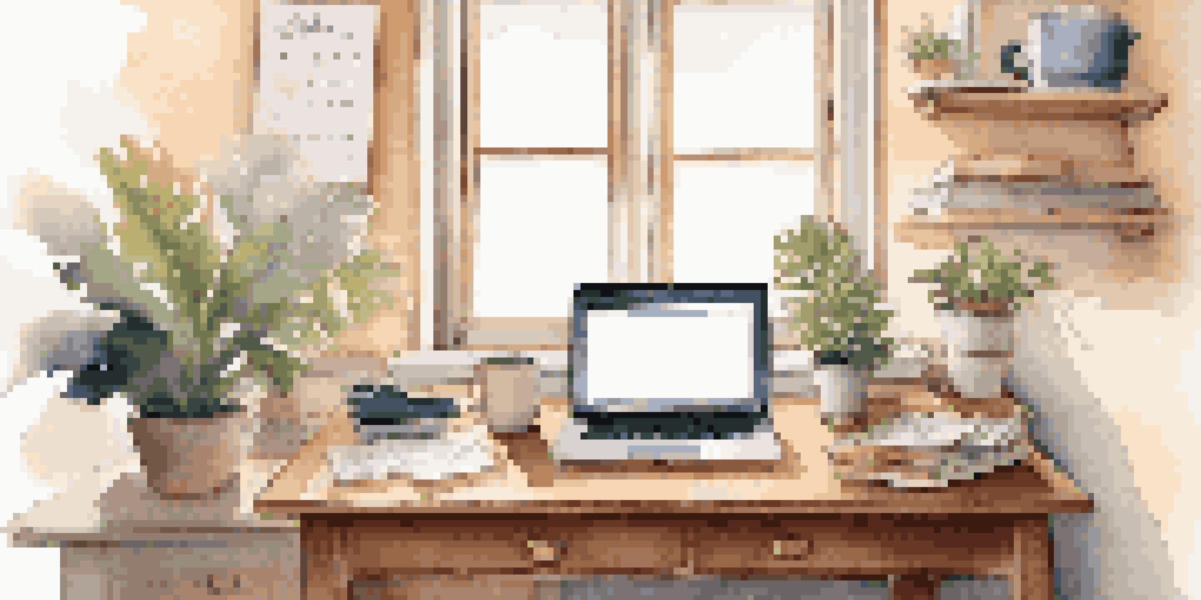 A cozy and organized workspace with a laptop, coffee cup, and plant, illuminated by natural light from a window.