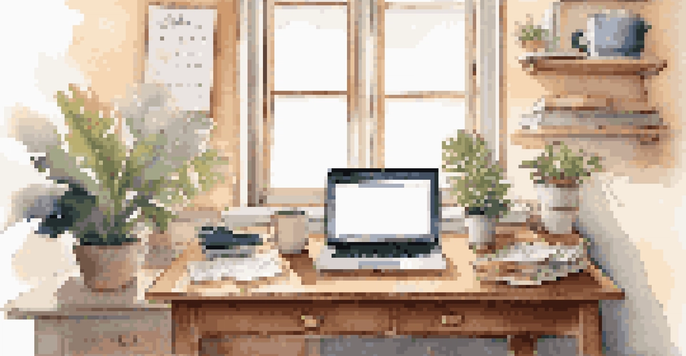 A cozy and organized workspace with a laptop, coffee cup, and plant, illuminated by natural light from a window.