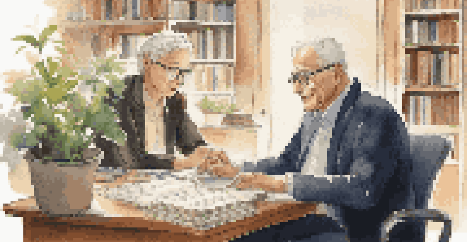 An older professional mentoring a younger colleague in a warmly lit office, symbolizing career adaptability.