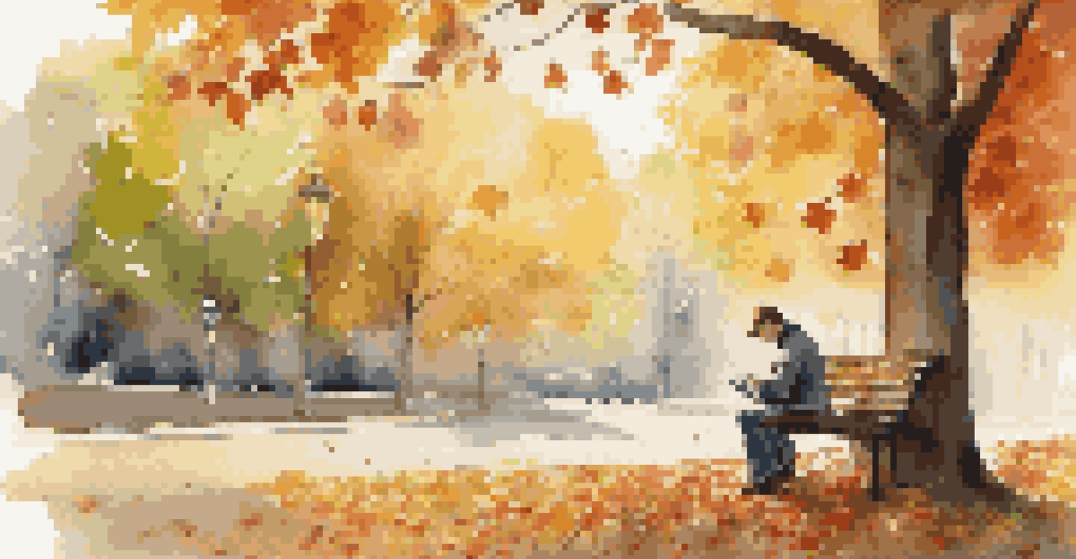 A person writing in a notebook on a park bench surrounded by autumn leaves, with sunlight filtering through trees.