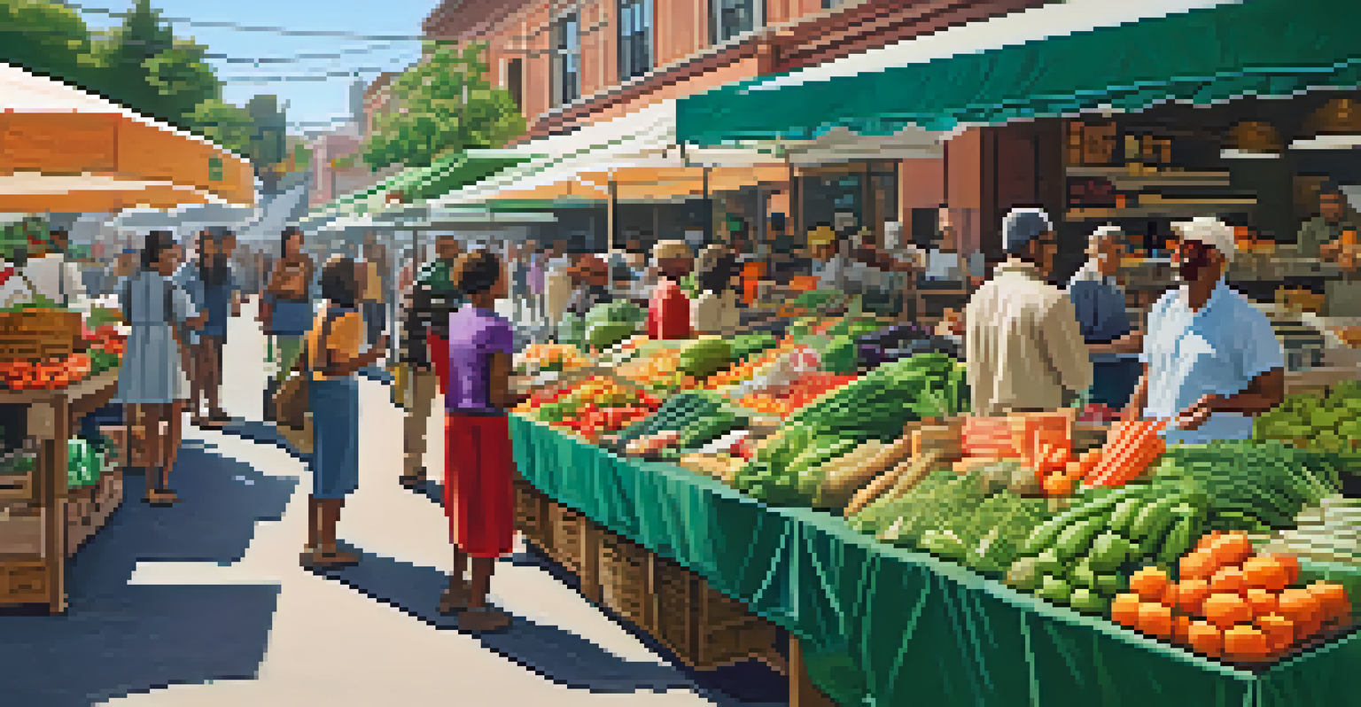 A lively market with vendors selling fresh organic produce and handmade goods, filled with people shopping.