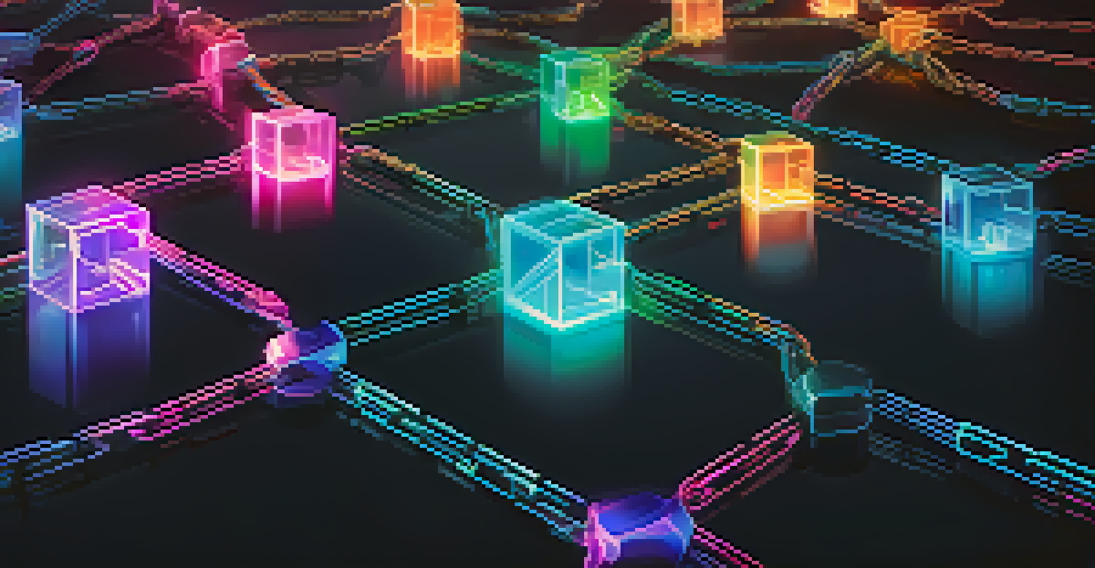 Futuristic representation of blockchain technology with glowing interconnected blocks and chains against a dark background.