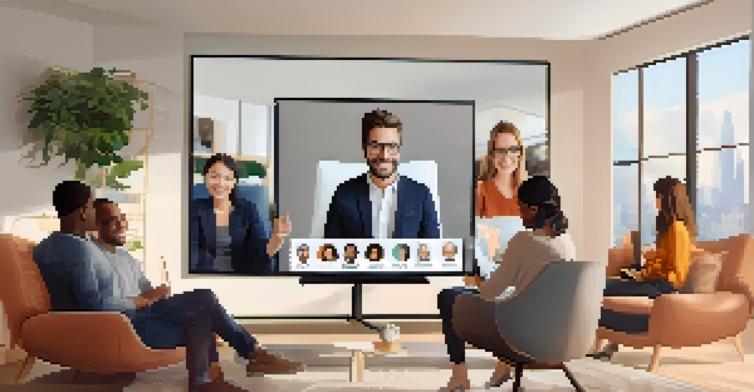 A virtual meeting with diverse participants displayed on a screen in a modern living room.