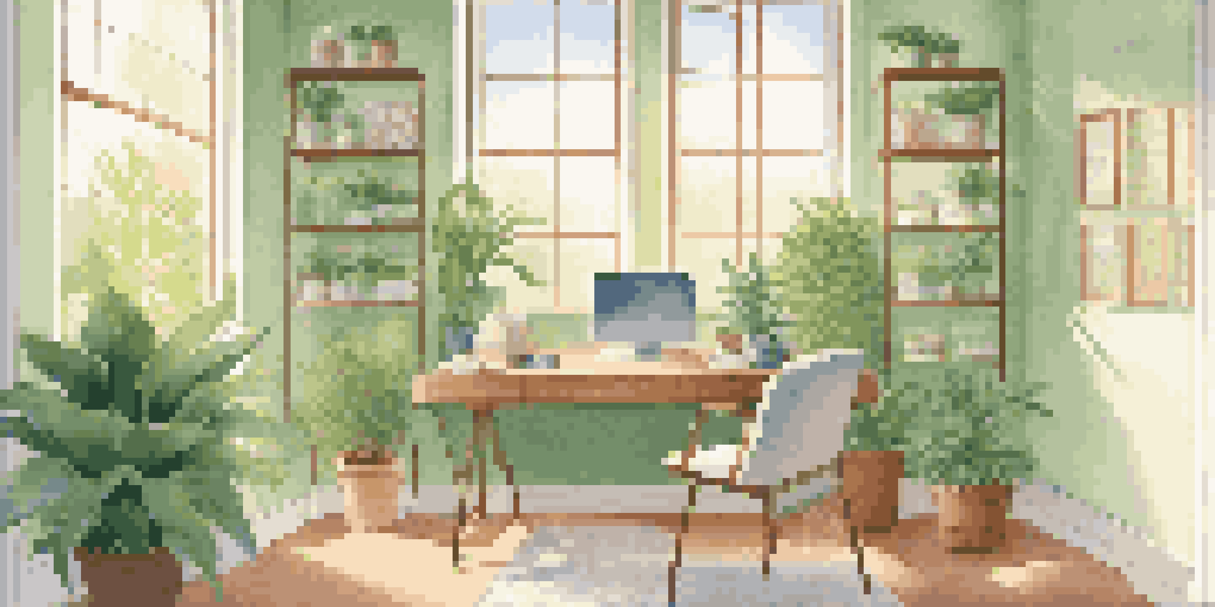 A bright and organized office space with a laptop, tea, and plants, illuminated by natural light.