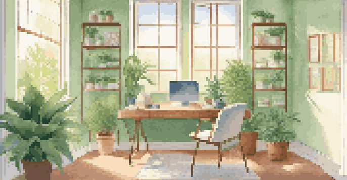A bright and organized office space with a laptop, tea, and plants, illuminated by natural light.