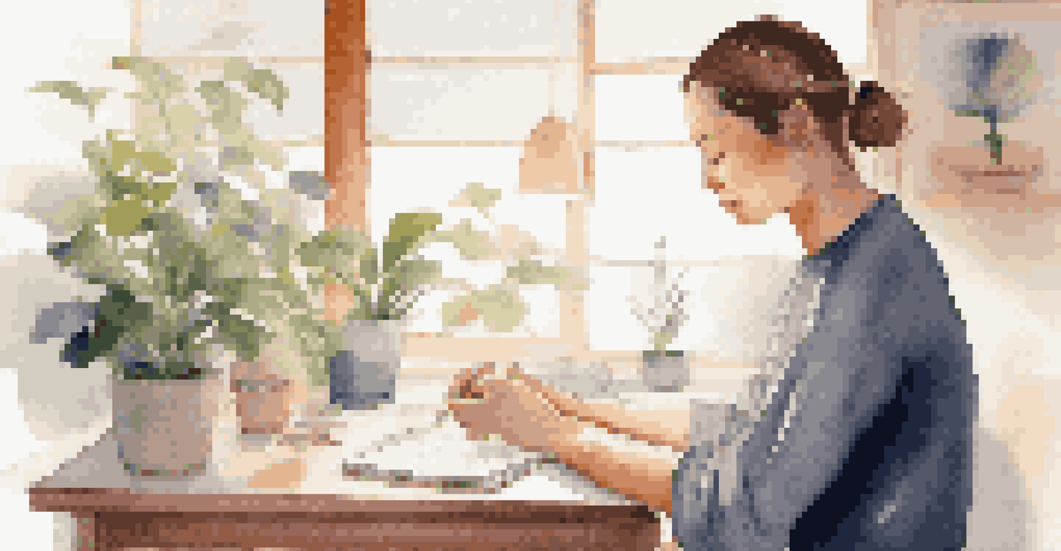 A person practicing mindfulness at their desk in a serene workspace, surrounded by calming elements.