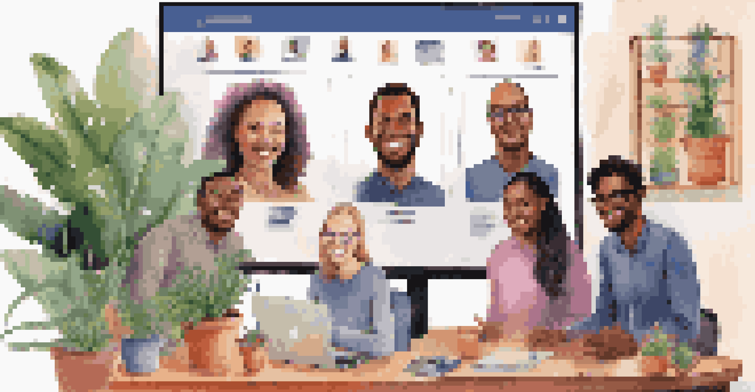 A virtual team meeting displayed on a computer screen, with smiling faces of team members in their home offices.