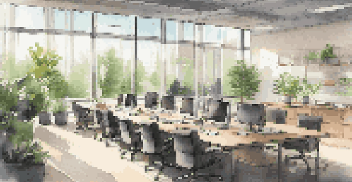 A bright modern office space with a large conference table, laptops, and a cozy lounge area, illuminated by sunlight through big windows.