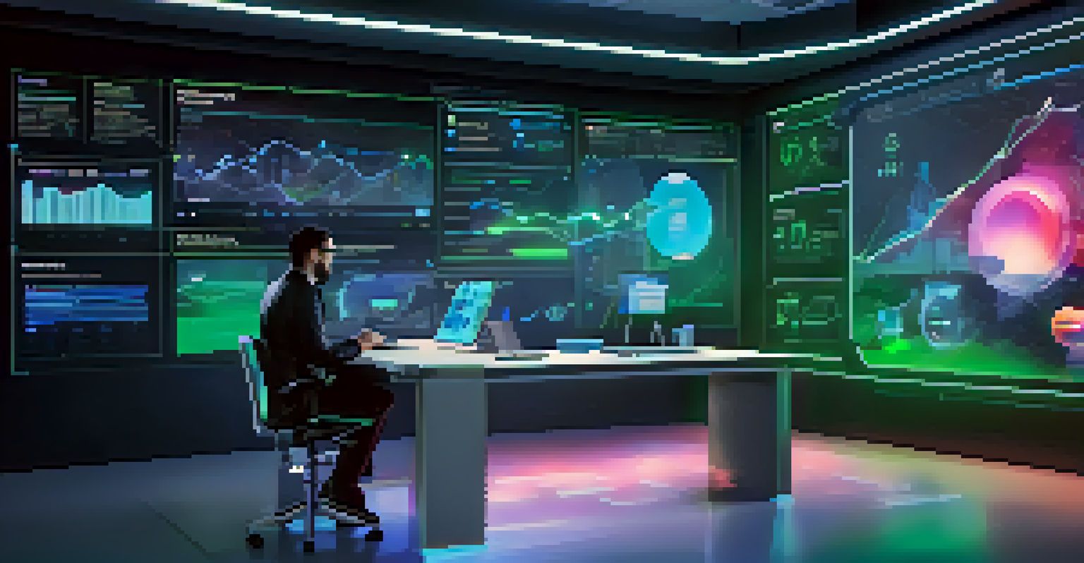 A marketer analyzing data on a large screen in a futuristic digital marketing workspace with holographic interfaces.