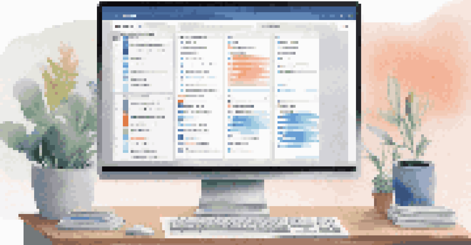 A computer screen showing a project management tool with task lists and deadlines in a minimalist office setting.
