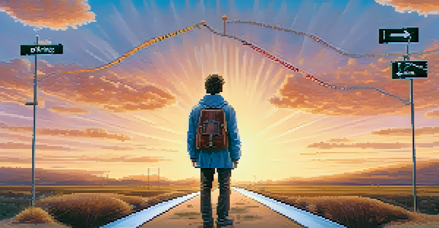 A person at a crossroads with signs for upskilling and reskilling, surrounded by symbols of technology and traditional tools.