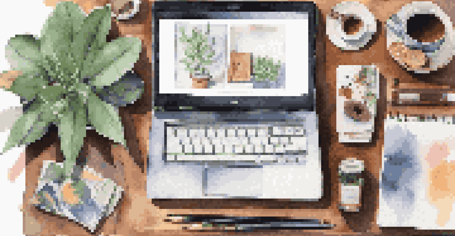 A flat lay of a freelancer's workspace featuring a laptop, sketchbook, coffee, and art supplies on a wooden surface.