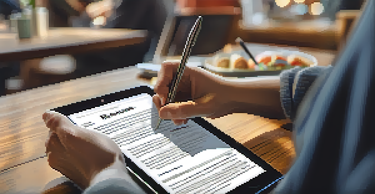 A close-up of a hand reviewing a well-designed resume on a tablet in a cozy café setting, highlighting keywords and bullet points.