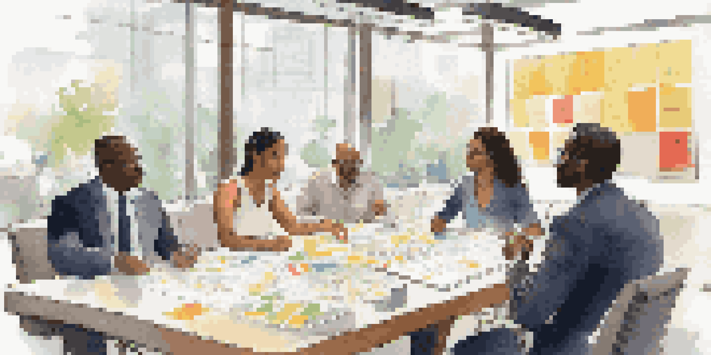 A diverse group of professionals collaborating at a conference table, with sticky notes and charts, bathed in natural light.