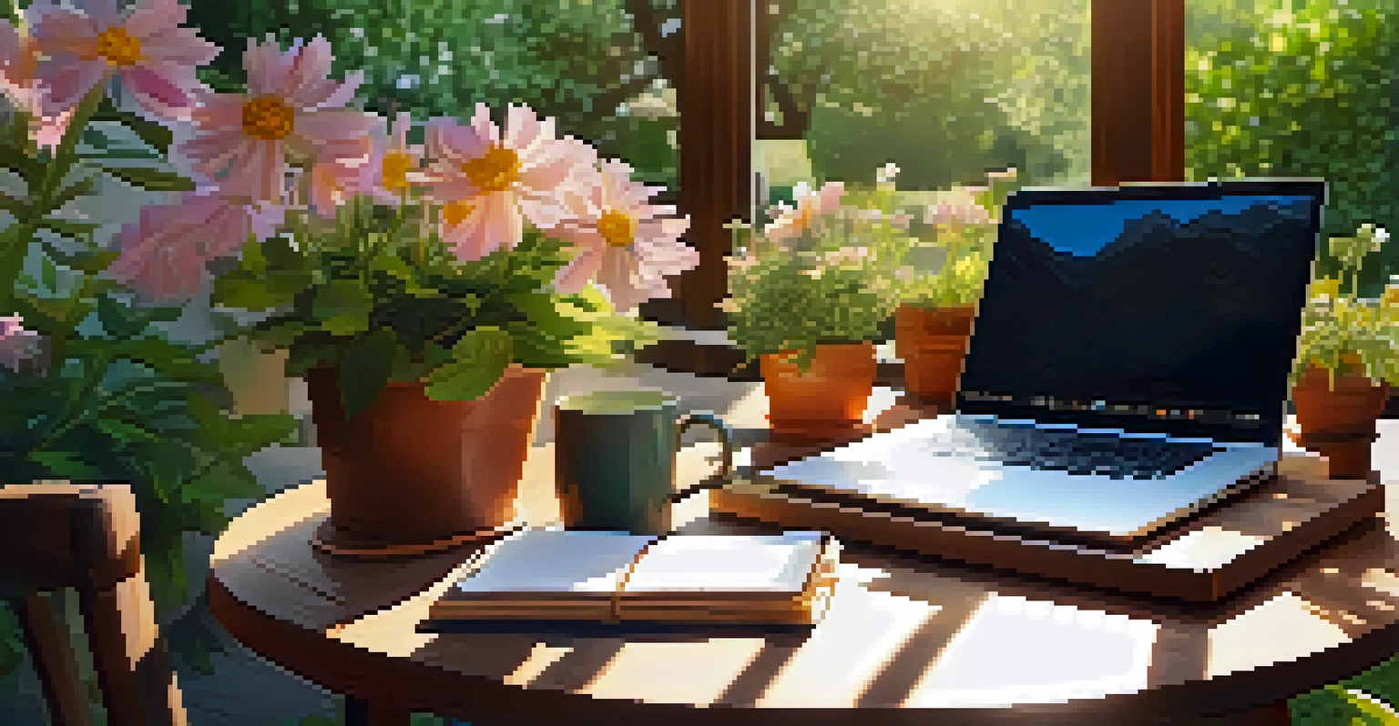 An outdoor workspace in a garden with a laptop on a wooden table, surrounded by colorful flowers and greenery.