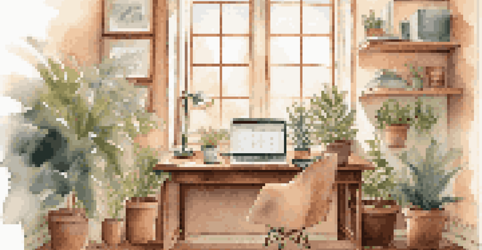 A tranquil home office with a wooden desk, laptop displaying financial graphs, and indoor plants, illuminated by soft sunlight.