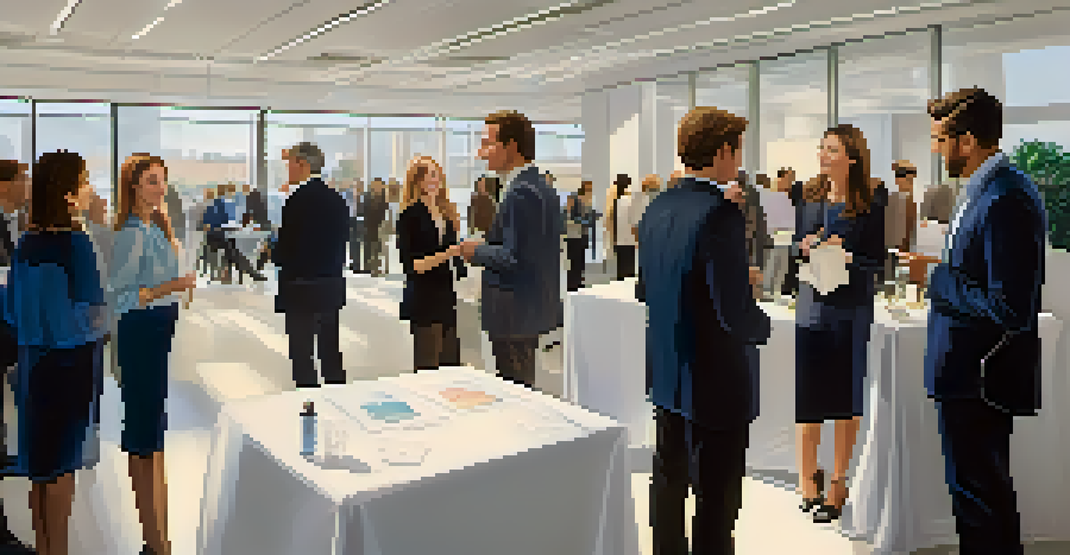 People networking at a professional event in a modern office with art and soft lighting.