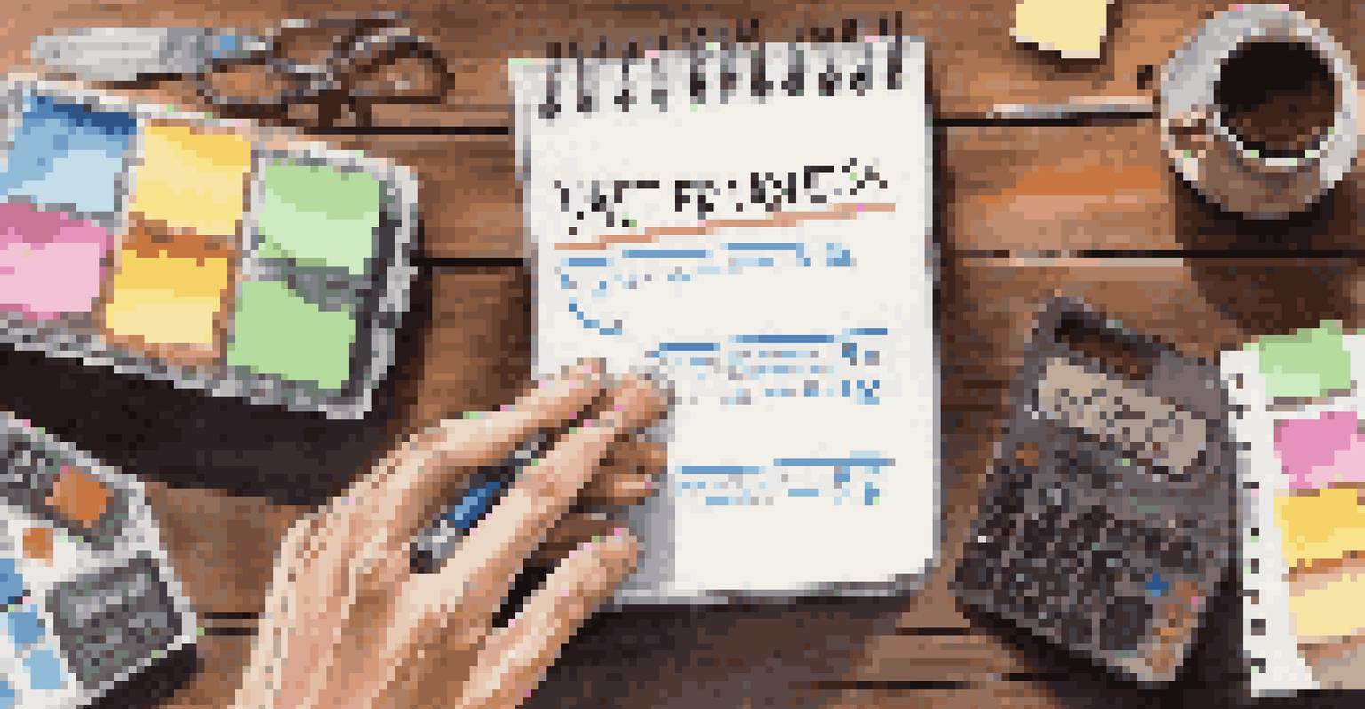 A hand with a calculator and notepad on a wooden table, surrounded by sticky notes and a coffee cup.
