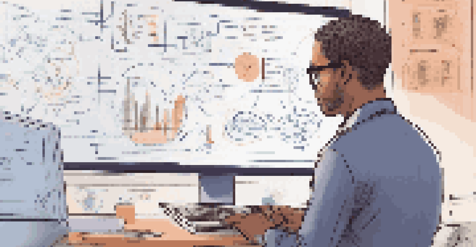 A person focused on a laptop with code and graphs on the screen, surrounded by a whiteboard full of notes, in a warm-lit room.
