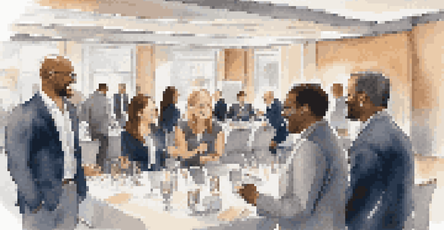 A diverse group of professionals networking in a modern conference room, sharing business cards and engaging in conversation.