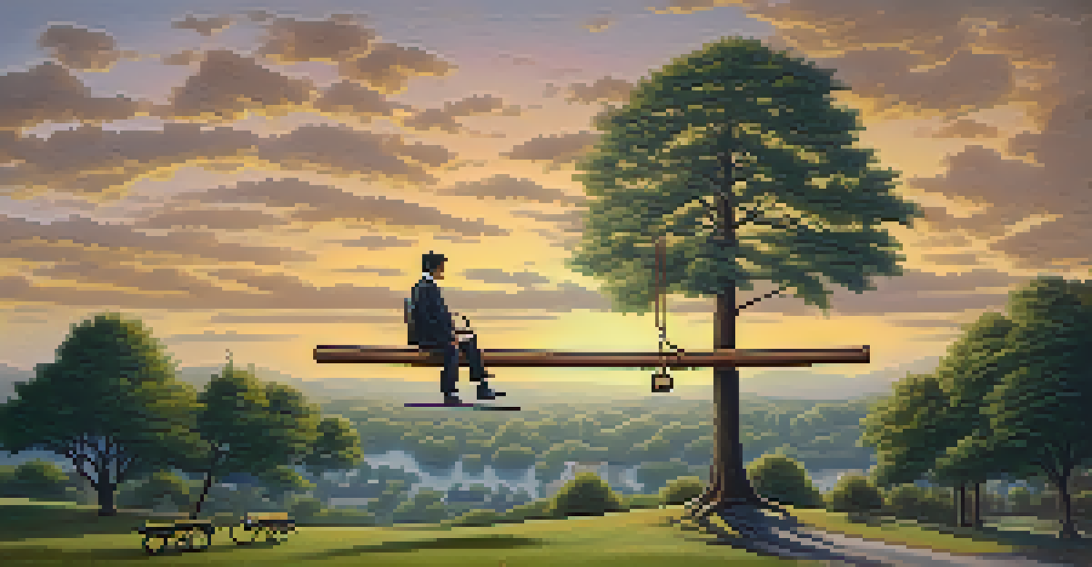 A creative seesaw illustration showing work and personal life elements, set against a peaceful landscape with a sunset.