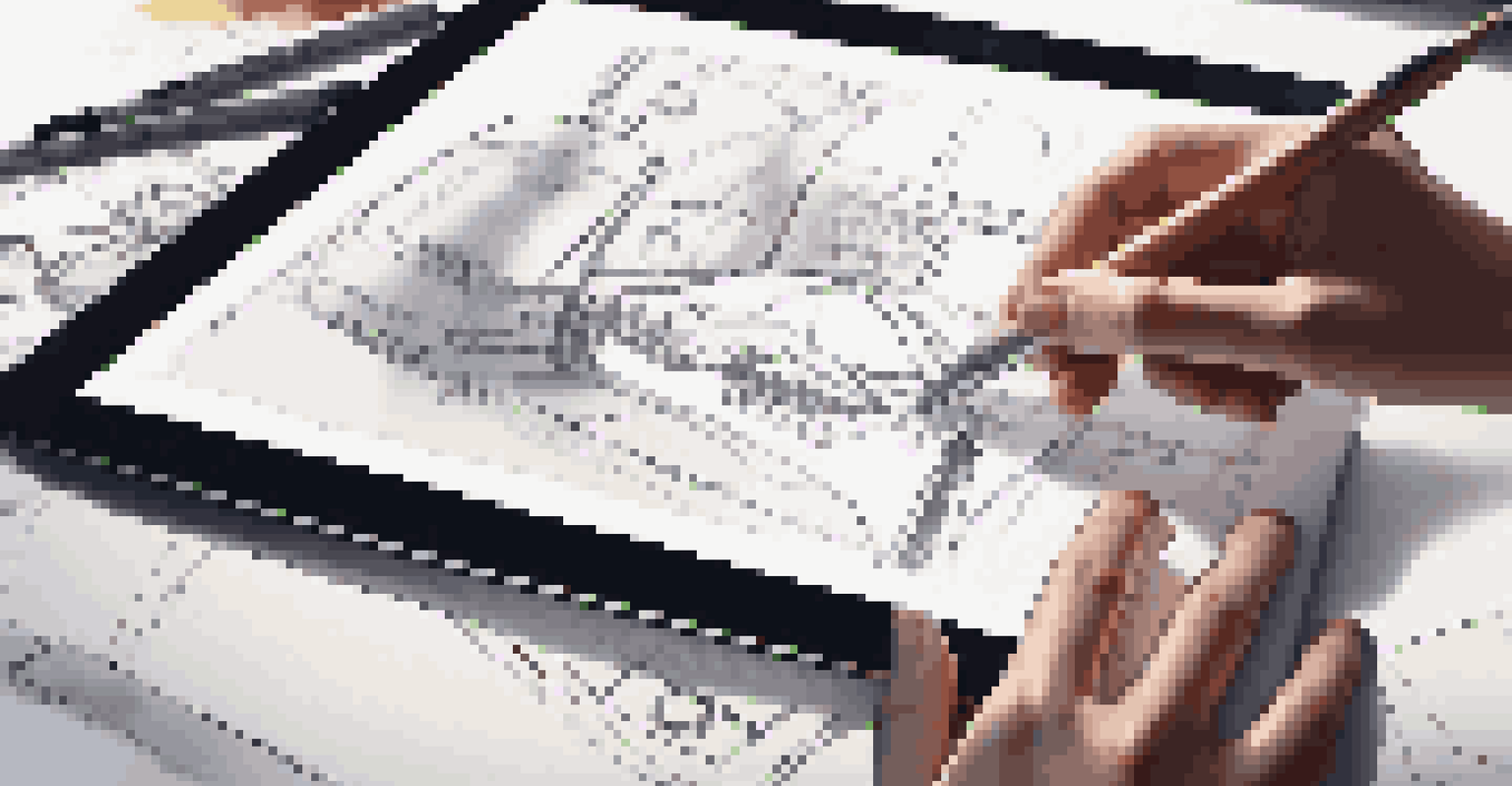 Close-up of hands sketching on a digital tablet in a modern workspace filled with design tools.