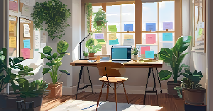 A well-organized workspace with a laptop, plants, and a personal development timeline on the wall.