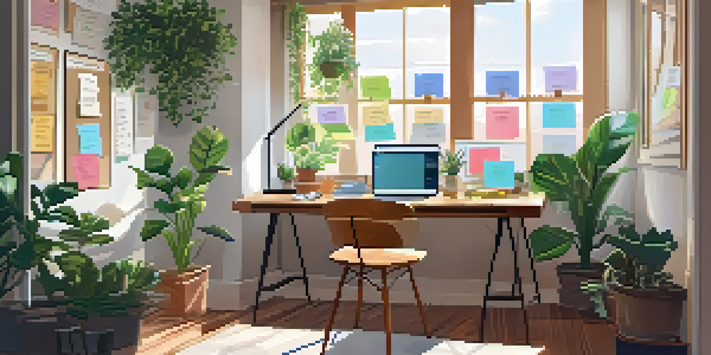 A well-organized workspace with a laptop, plants, and a personal development timeline on the wall.