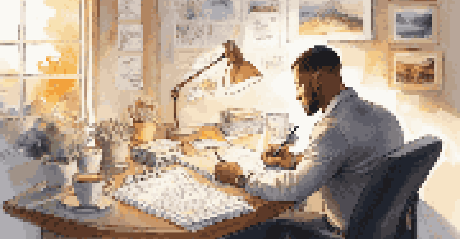 A professional man writing future goals at his desk, with a vision board and inspirational quotes in a warmly lit office space.