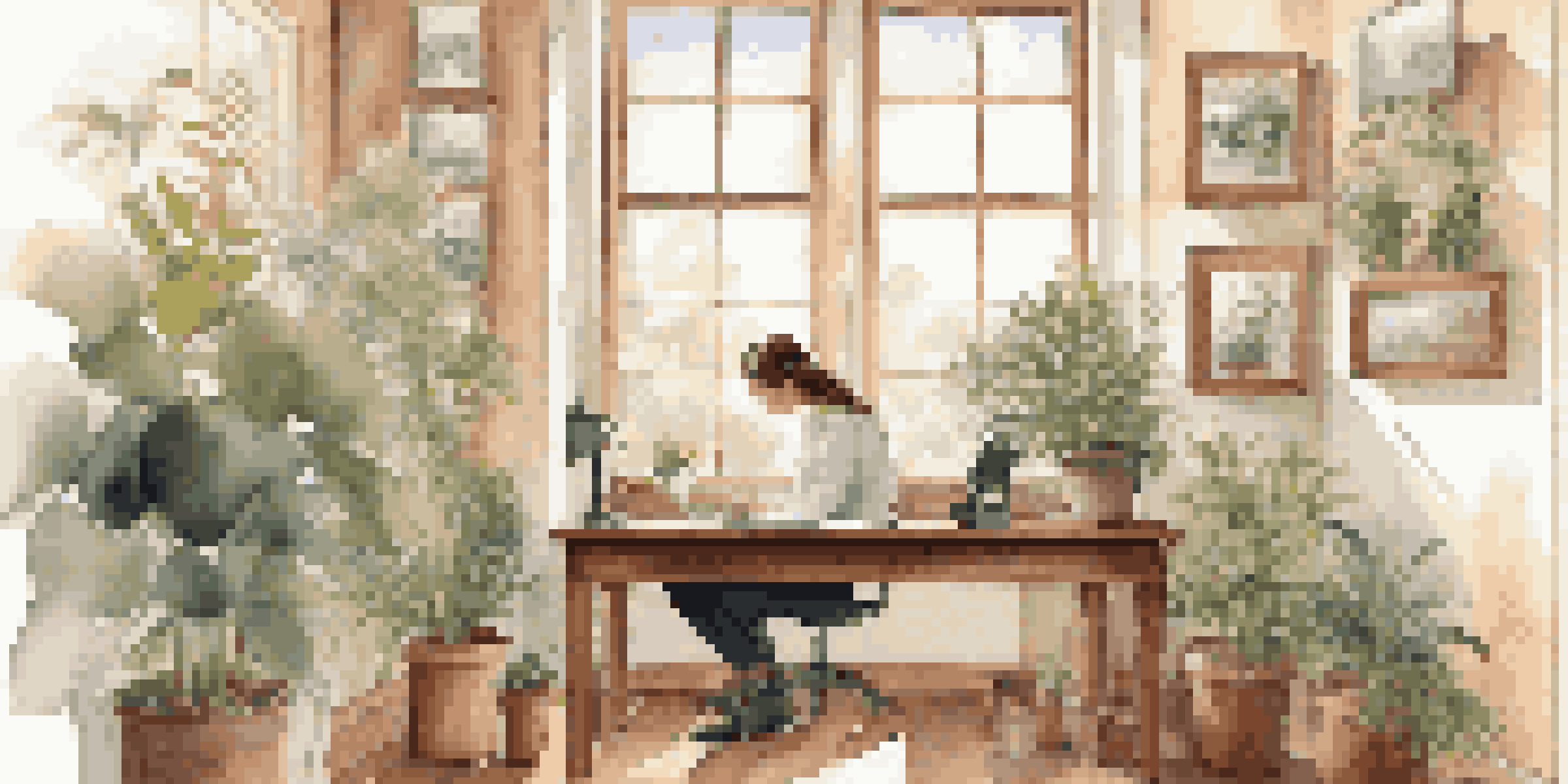 A person writing in a notebook at a wooden desk in a bright office filled with plants and motivational quotes.