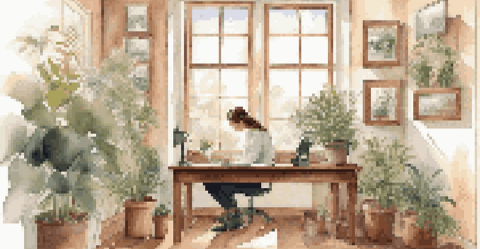 A person writing in a notebook at a wooden desk in a bright office filled with plants and motivational quotes.
