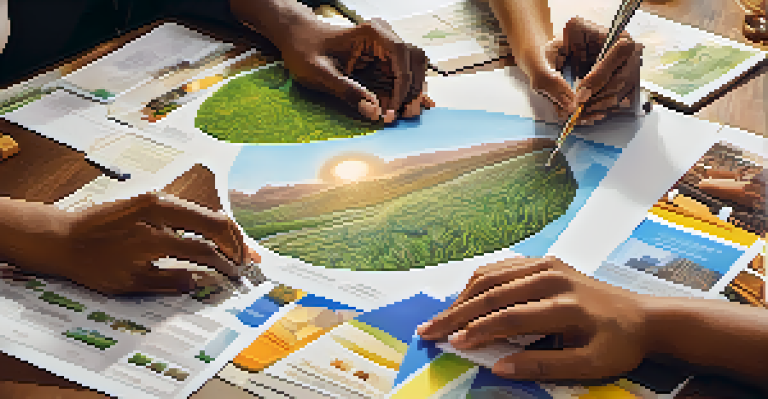 Close-up of diverse hands working on a vision board for a corporate social responsibility initiative, showcasing teamwork and creativity.