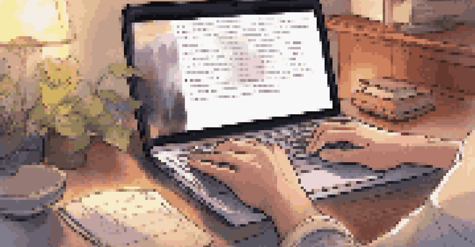 Close-up of hands typing on a laptop with a notepad beside them, illuminated by soft ambient light.