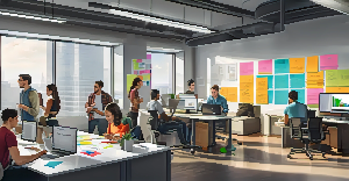 A vibrant office scene with interns working together, discussing ideas around a laptop, surrounded by a bright and modern workspace.
