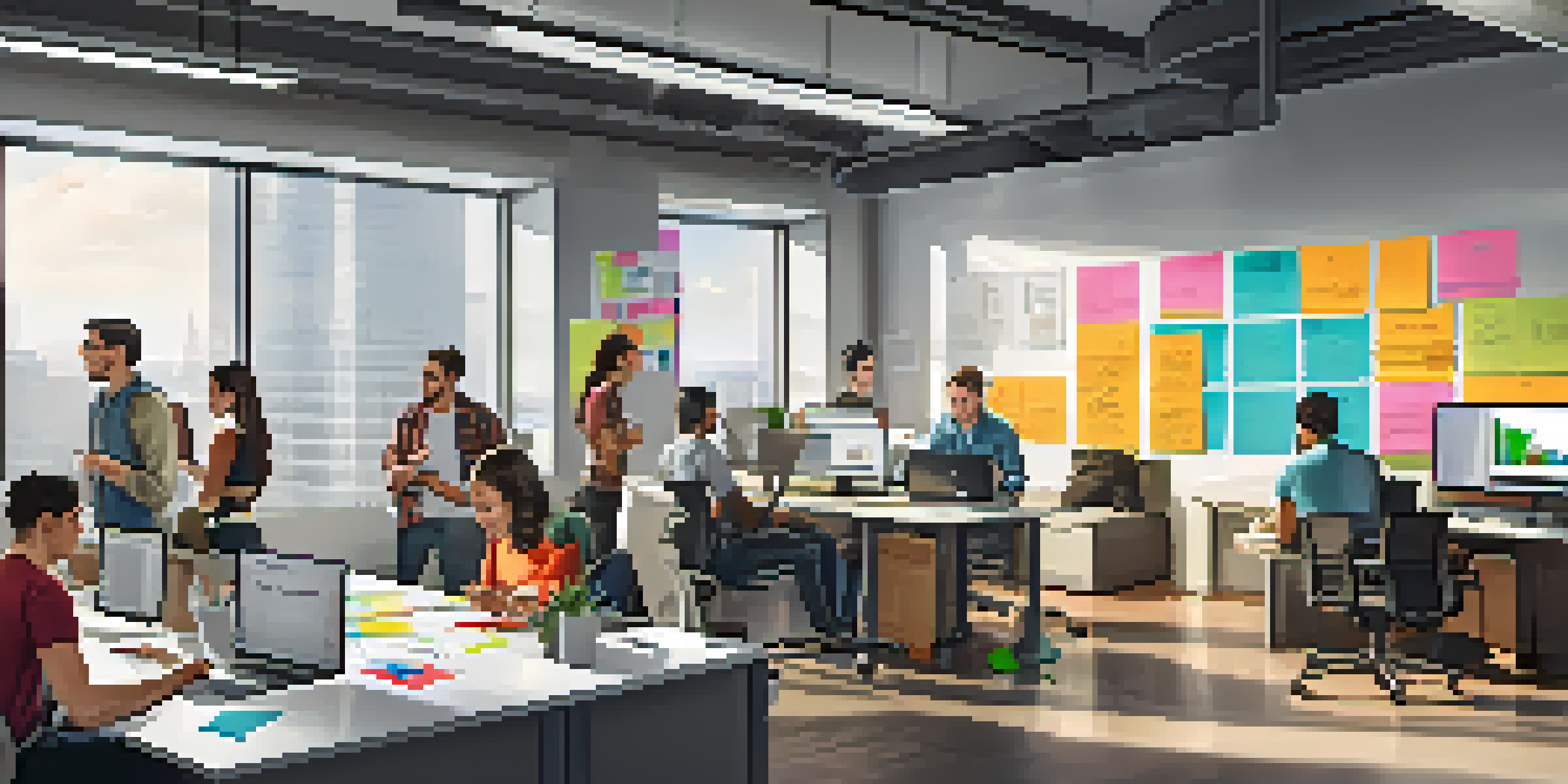 A vibrant office scene with interns working together, discussing ideas around a laptop, surrounded by a bright and modern workspace.